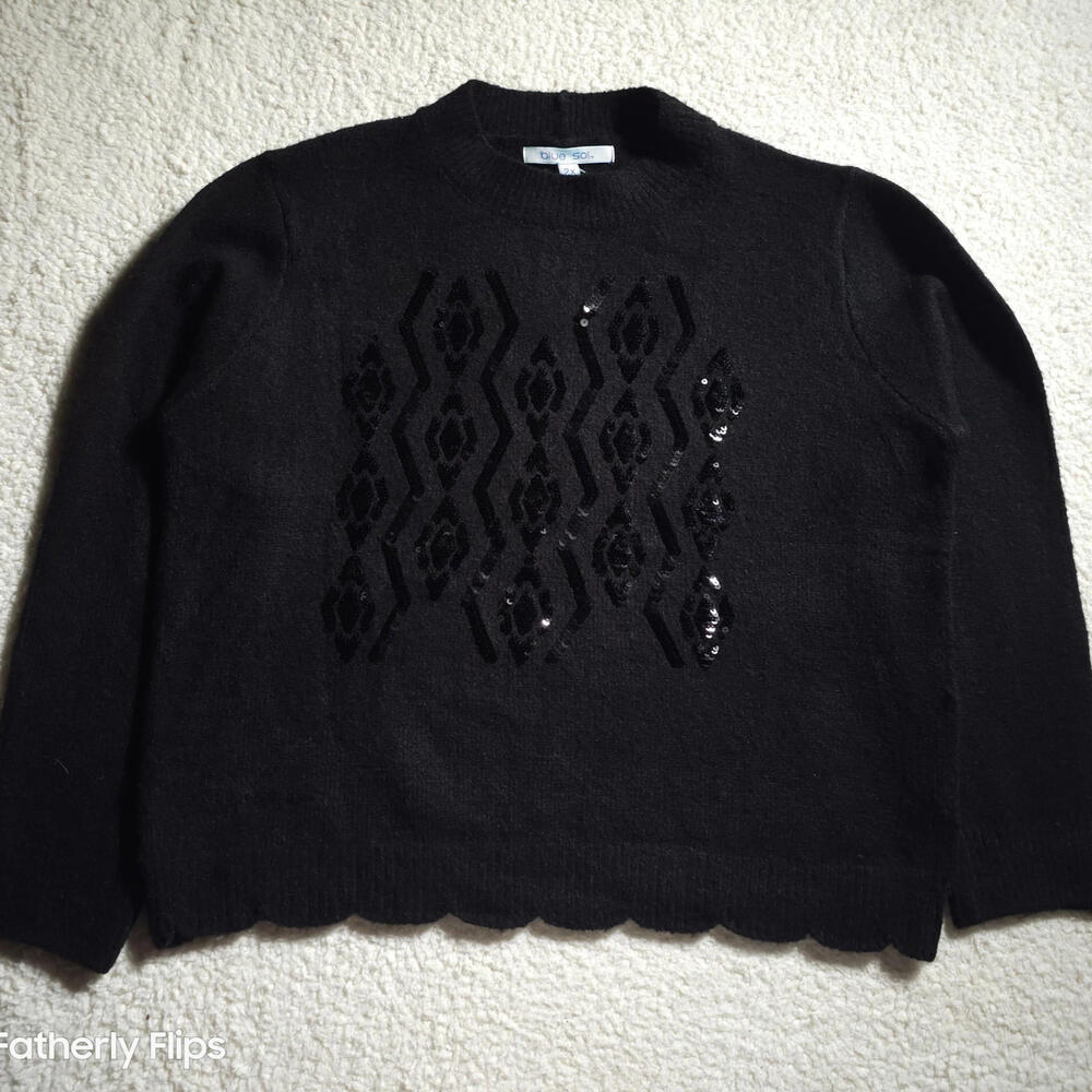 New Blue Sol Women's Crewneck Sweater 2X Black Sequin Wool Blend Scallop Hem NWT